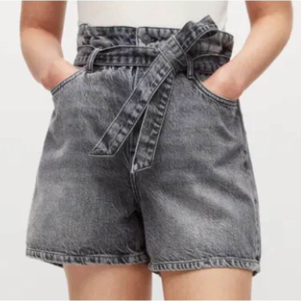 Allsaints Palmer Denim Paperbag Waist Shorts Grey Belted W27